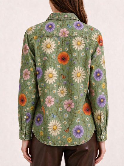 Prairie Poppy Bloom Long Sleeve Denim Shirt