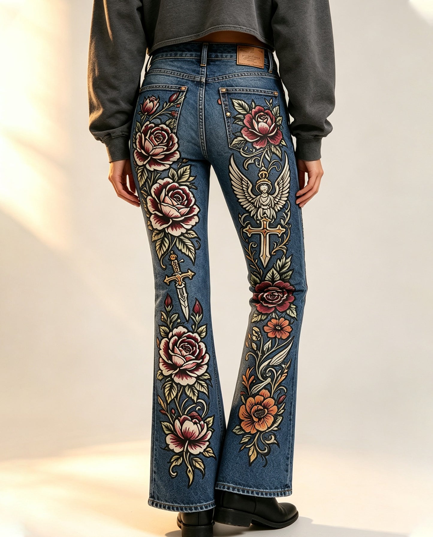 Rustic Rose Reverie Bootcut Jeans – Back View – Riley – deep blue, crimson, gold, ivory