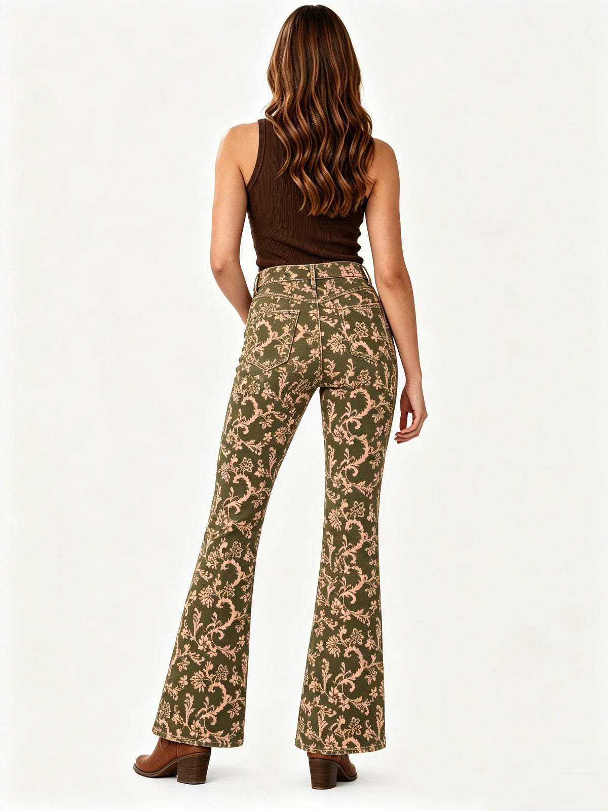 Prairie Bloom Bootcut Jeans – Back View – Riley – olive green