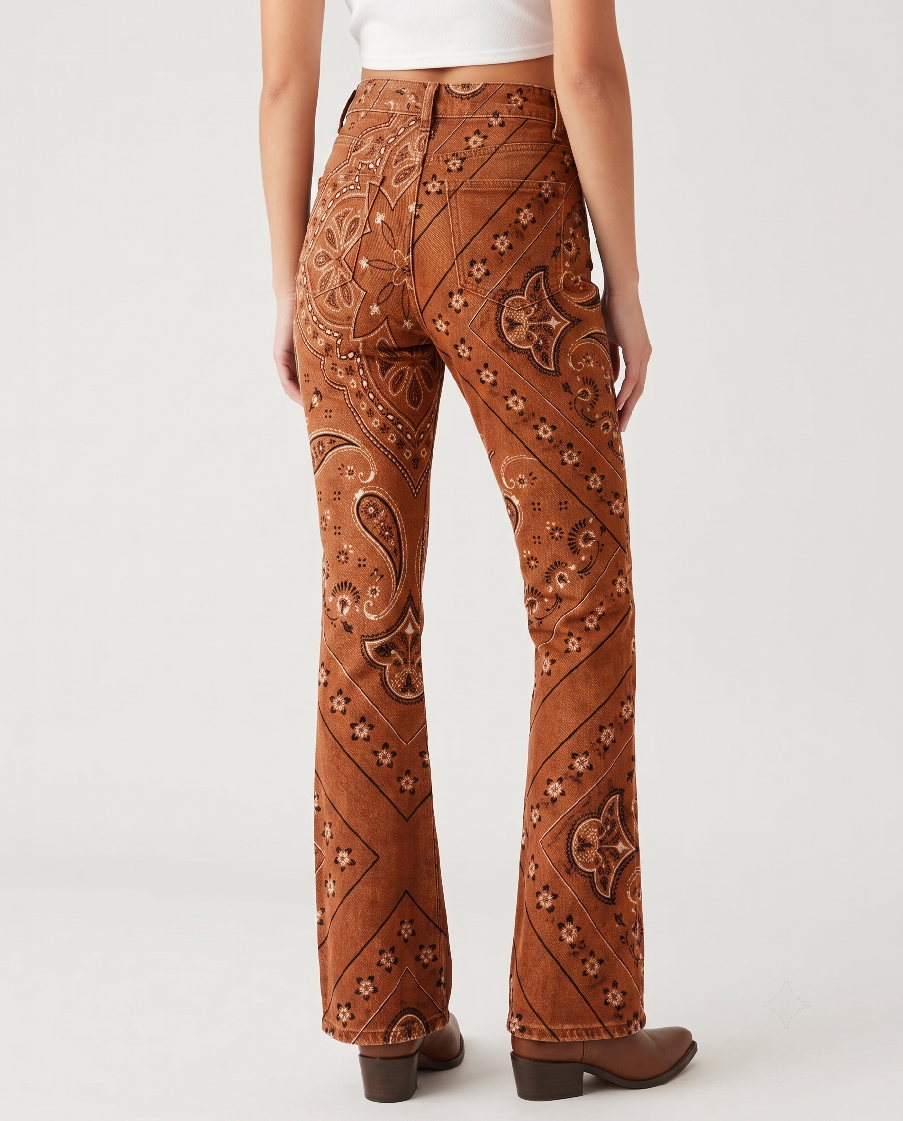 Desert Paisley Bootcut Jeans – Back View – Riley – Burnt Orange
