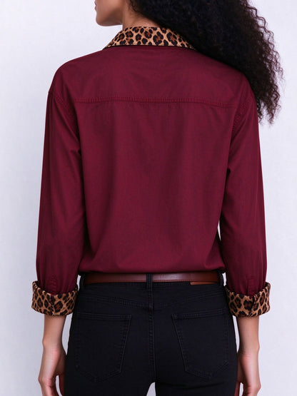 Outlaw Leopard Accent Long Sleeve Denim Shirt