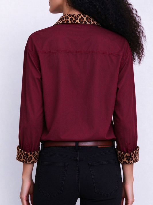 Outlaw Leopard Accent Long Sleeve Denim Shirt