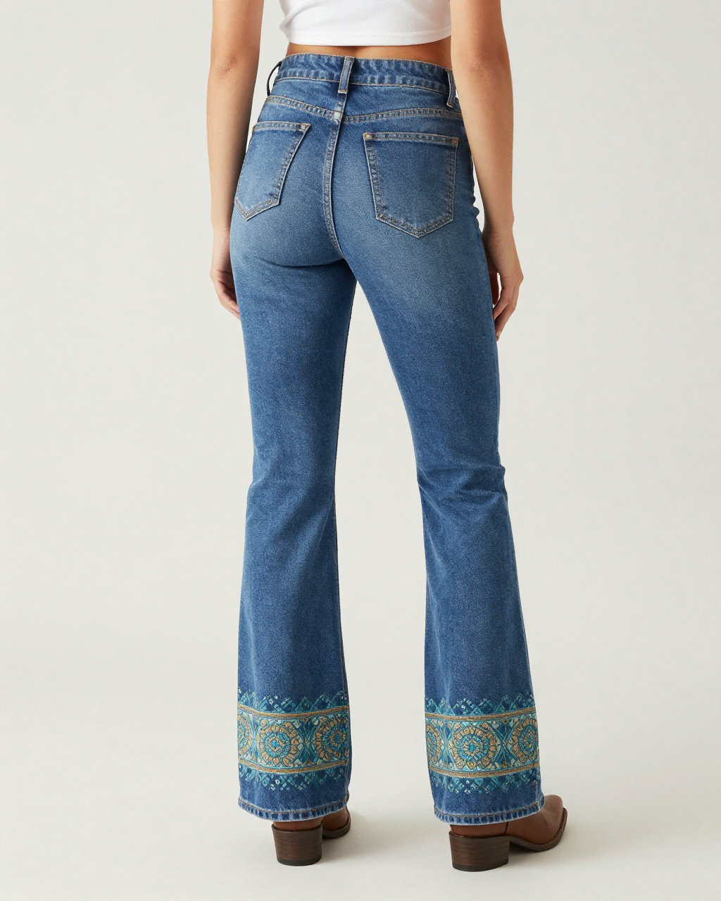 Mandala Hem Band Bootcut Jeans – Back View – Riley – Medium Blue
