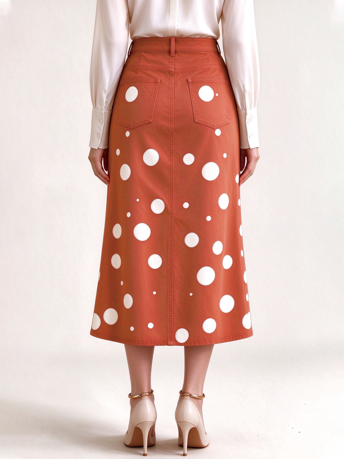 Cactus Bloom Terracotta Western Denim Midi Skirt – Back View – Riley – Terracotta