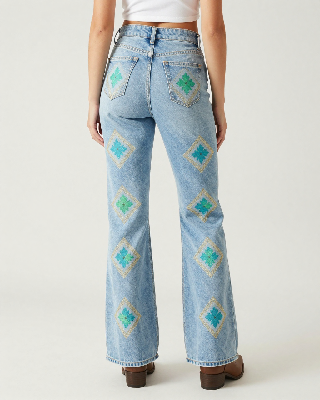 Ice Diamond AOP Bootcut Jeans – Back View – Riley – Ice Blue