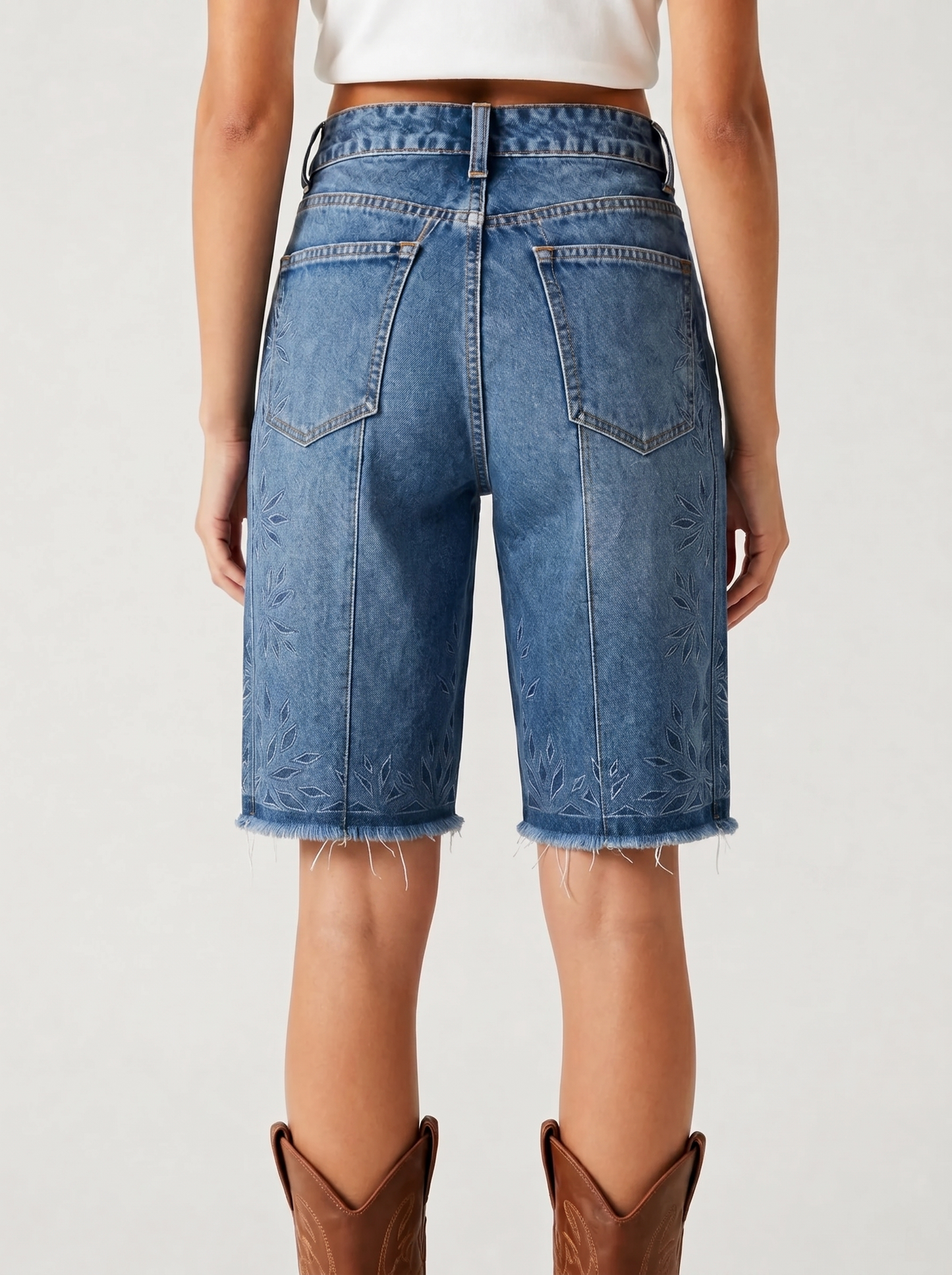 Blue Concho Allover Denim Shorts – Back View – Riley – Light Blue