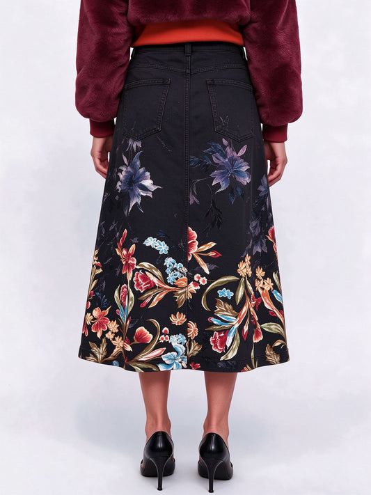Saloon Rose Brocade Ankle-Length Denim Skirt