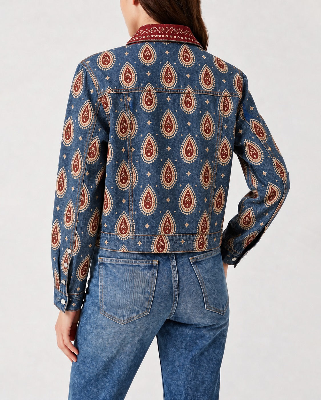 Prairie Echo Indigo RB-JKT01 – Back View – Riley – Indigo Blue, Crimson Red, Cream
