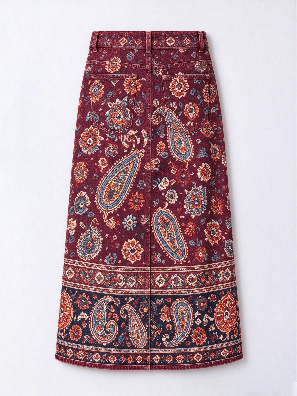 Desert Rose Paisley Denim Midi Skirt