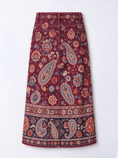 Desert Rose Paisley Denim Midi Skirt