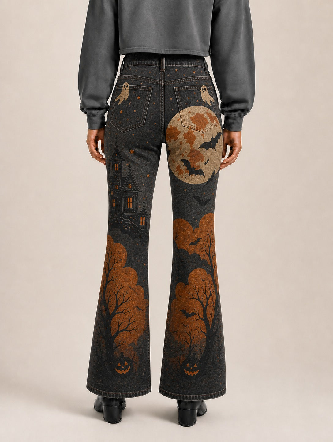 Hollow Moon Ridge Bootcut Jeans – Back View – Riley – black, orange, brown