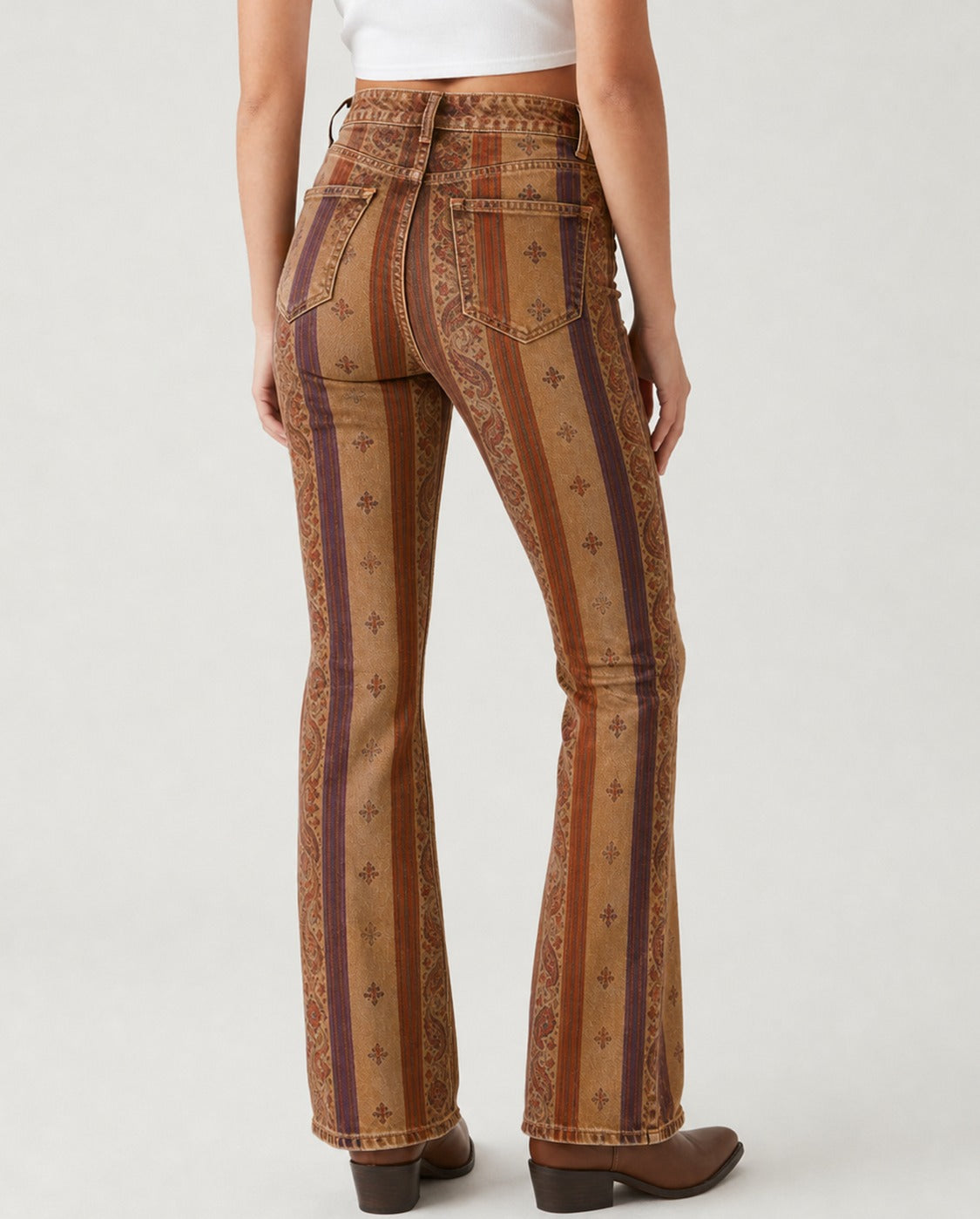 Desert Mirage Tan Bootcut Jeans – Back View – Riley – tan, burgundy, deep purple