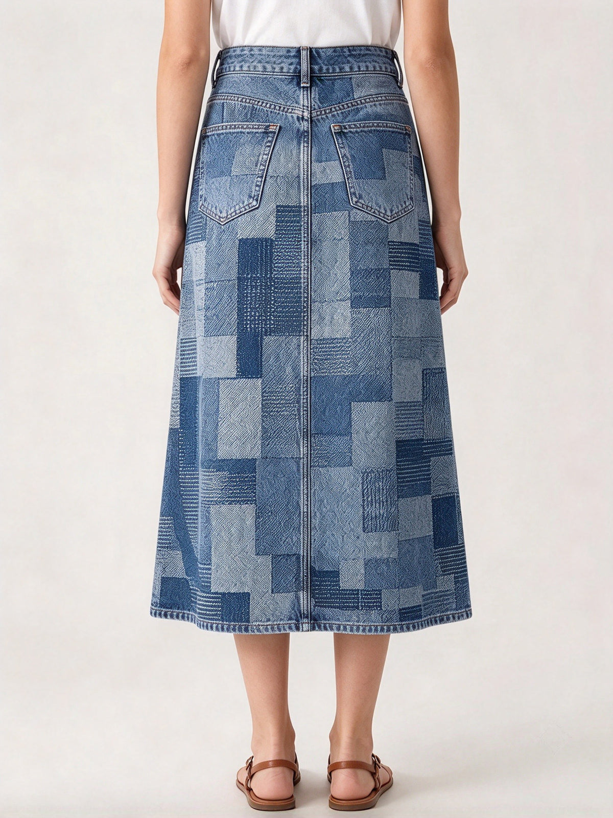 Patchwork Plains Ankle-Length Denim Skirt