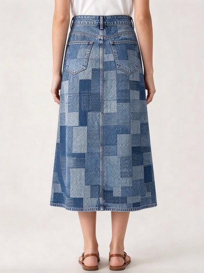 Patchwork Plains Ankle-Length Denim Skirt