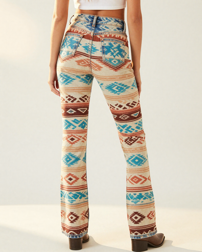 Chimayo Stripe Bootcut Jeans – Back View – Riley – Terracotta / Turquoise / Cream