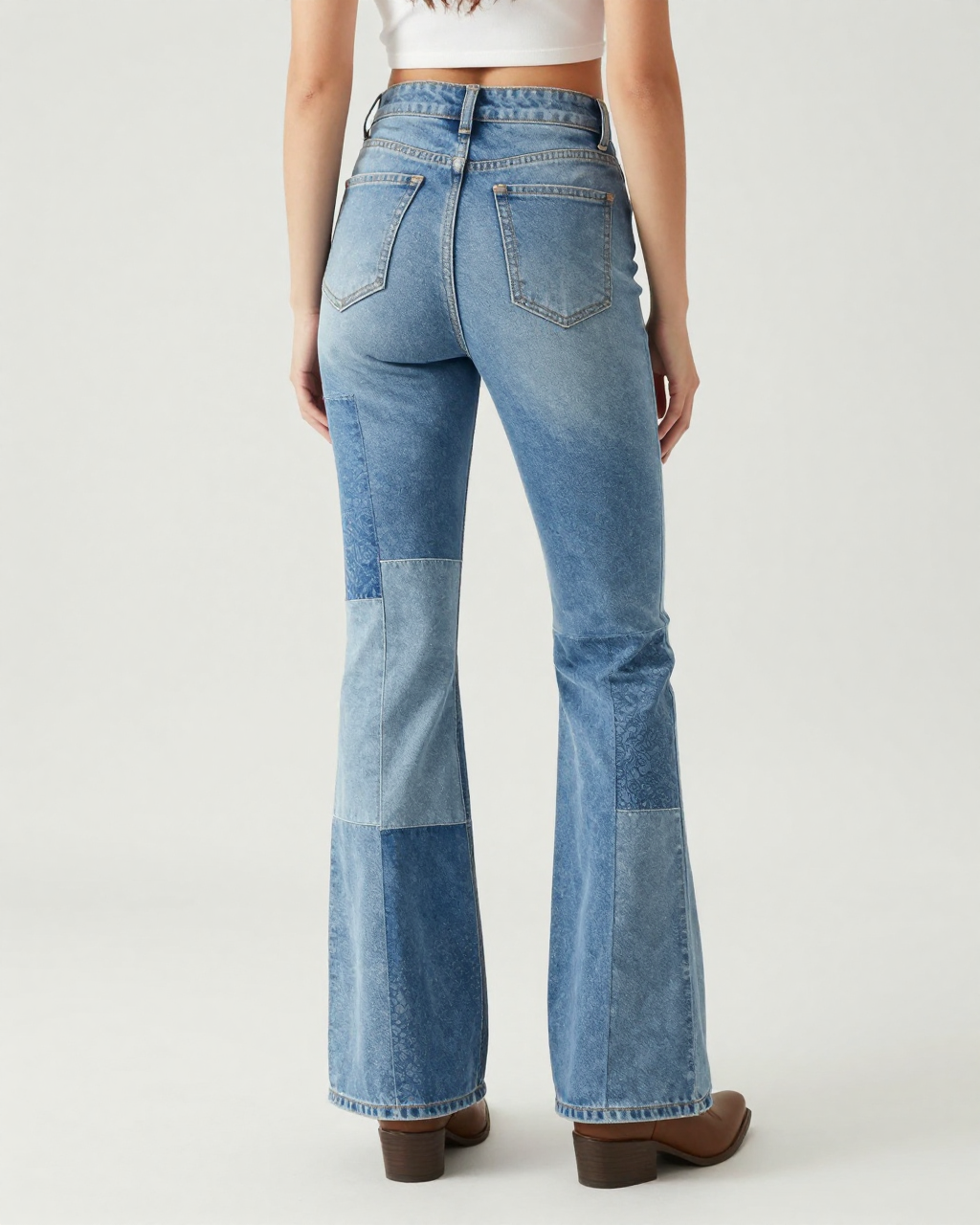 Blue Patchwork Bootcut Jeans – Back View – Riley – Light Blue