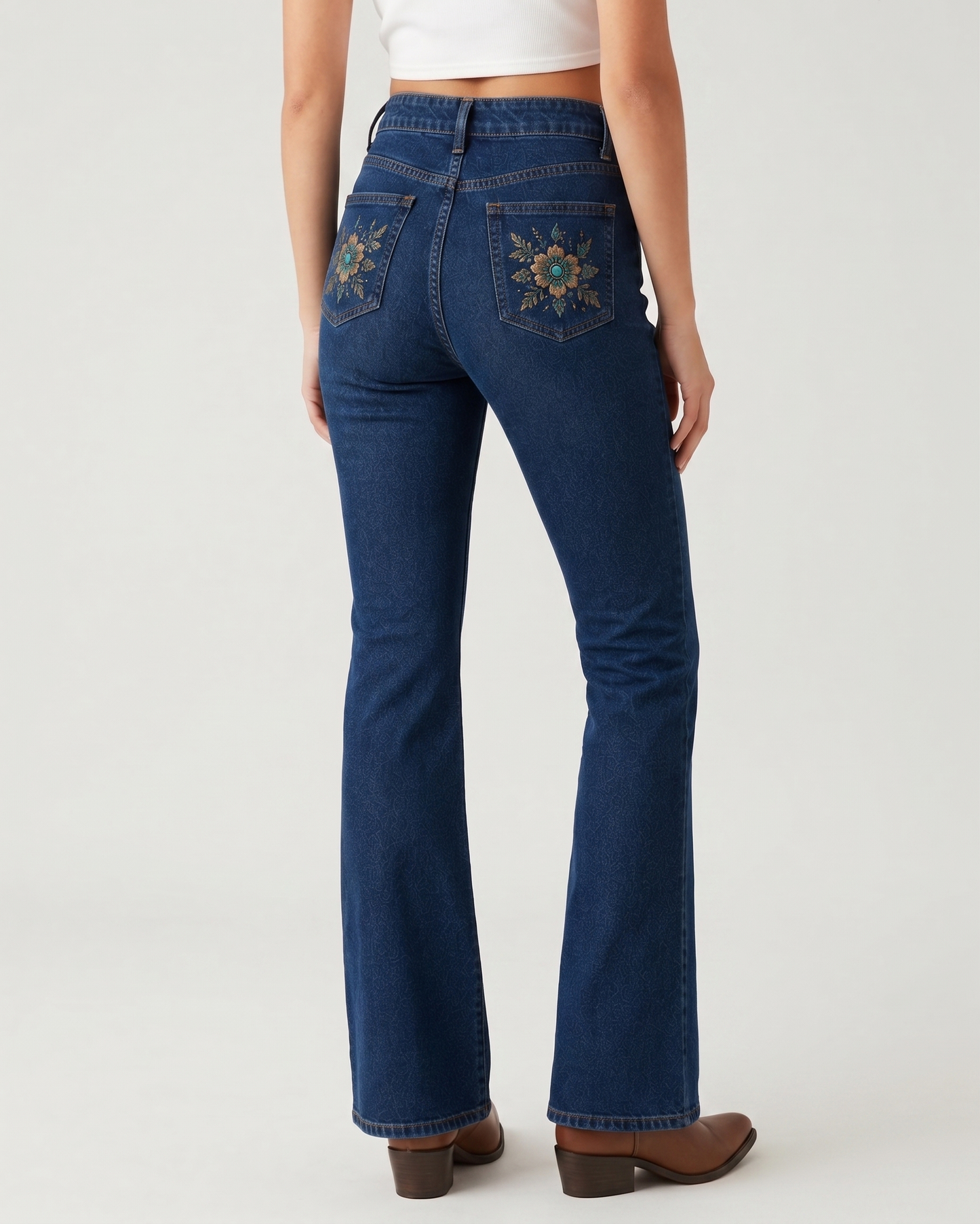 Turquoise Tribal Hem Bootcut Jeans – Back View – Riley – Medium Blue