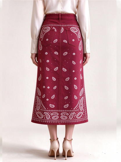 Crimson Bandana Western Denim Midi Skirt – Back View – Riley – Deep Red