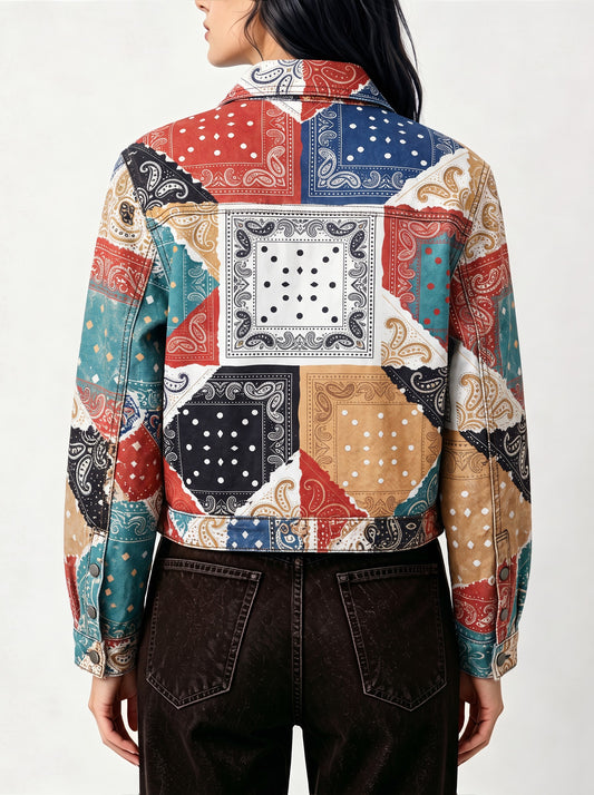 Cowboy Bandana Patchwork Cropped Denim Jacket