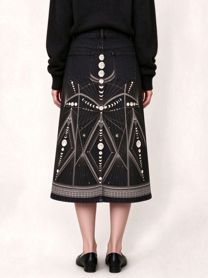 Moon Phase Ankle-Length Denim Skirt