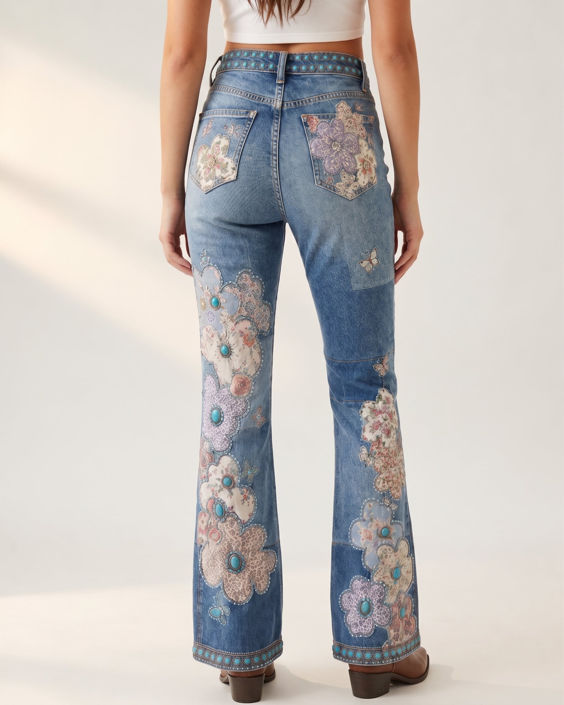 Black Turquoise Vine Bootcut Jeans – Back View – Riley – Black