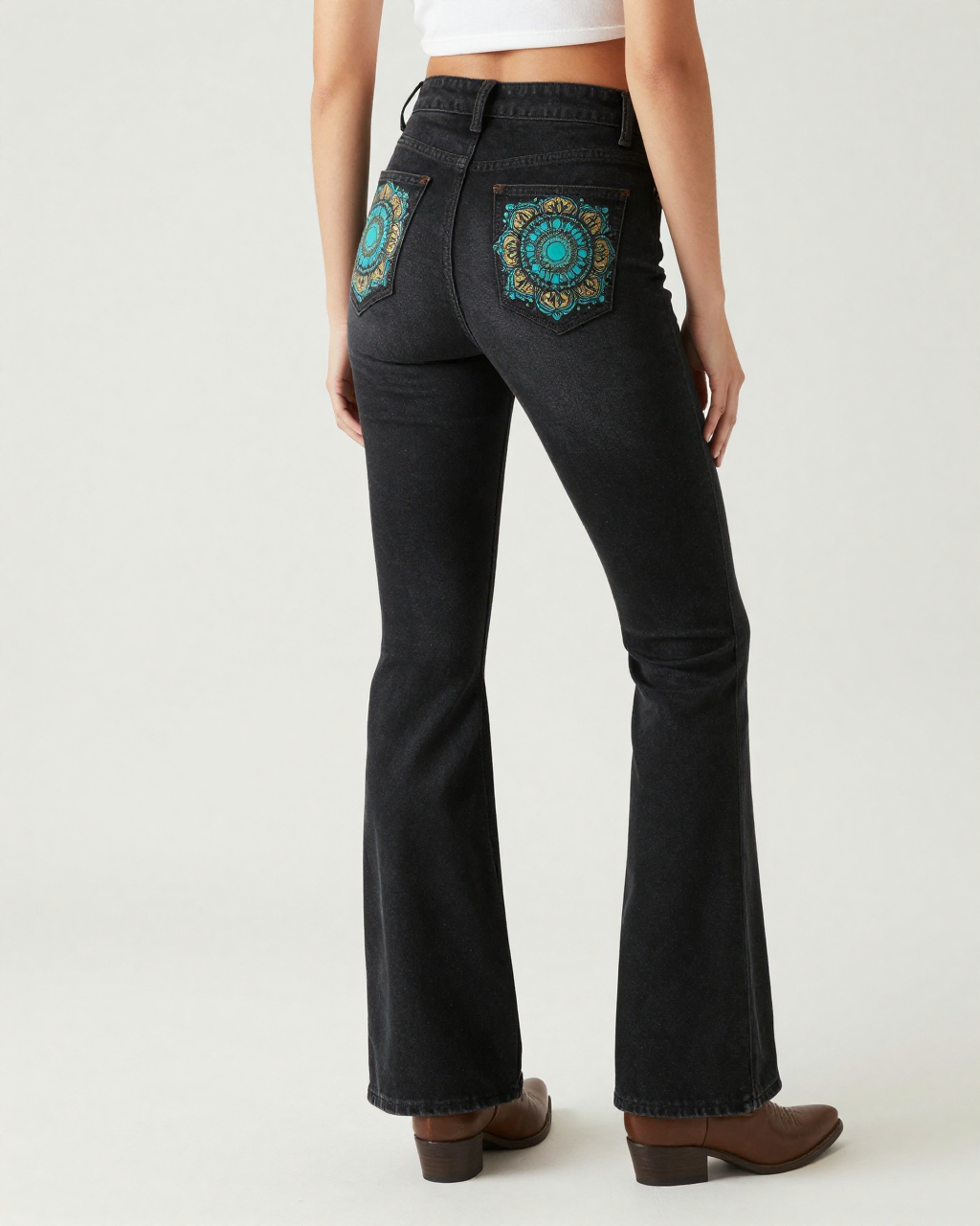 Black Mandala Scroll Bootcut Jeans – Back View – Riley – Black