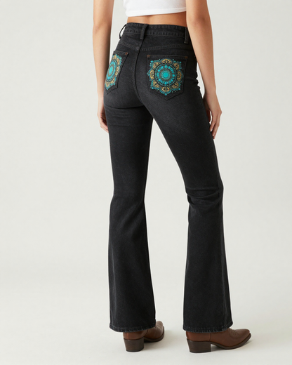 Black Mandala Scroll Bootcut Jeans – Back View – Riley – Black