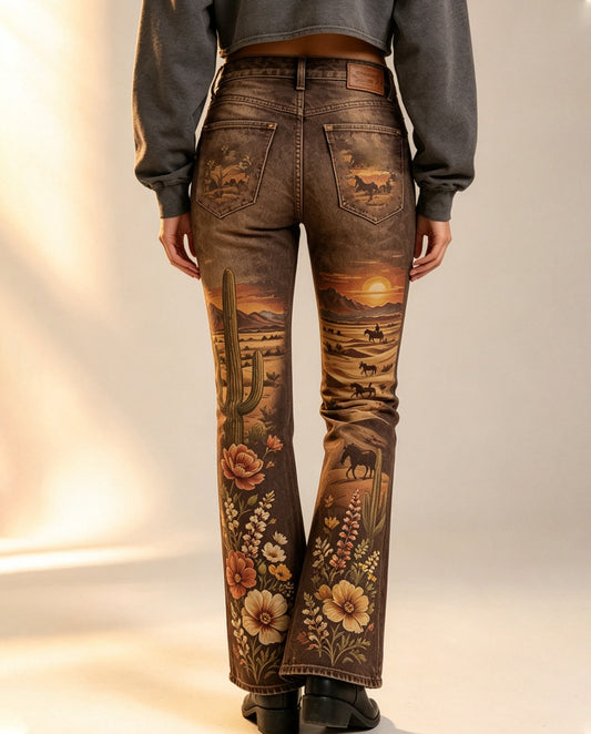Desert Bloom Brown Floral 3 Bootcut Jeans – Back View – Riley – brown, orange, tan