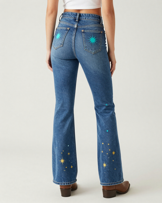 Celestial Starburst Bootcut Jeans – Back View – Riley – Medium Blue