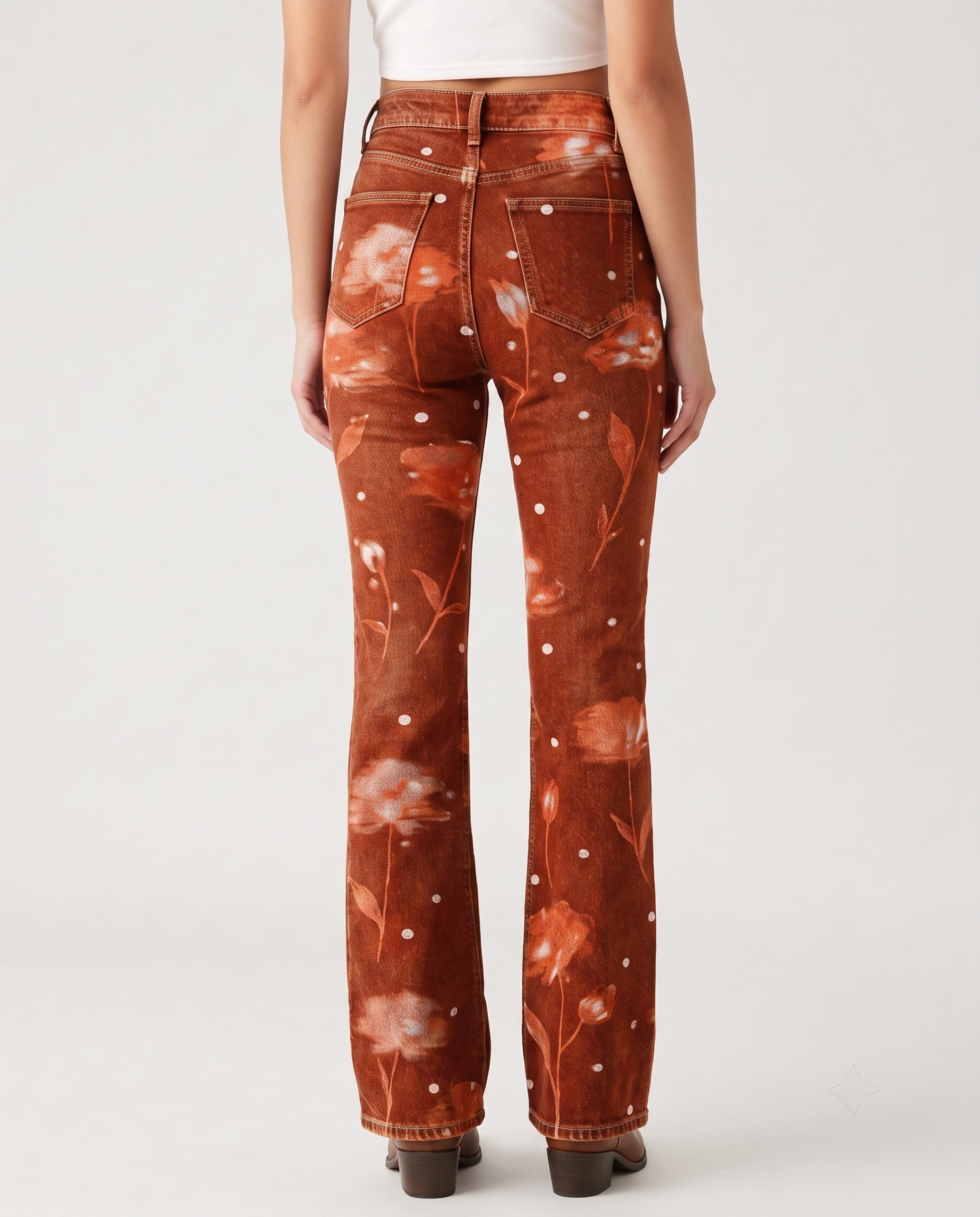 Desert Bloom Burnt Bootcut Jeans – Back View – Riley – Burnt Orange