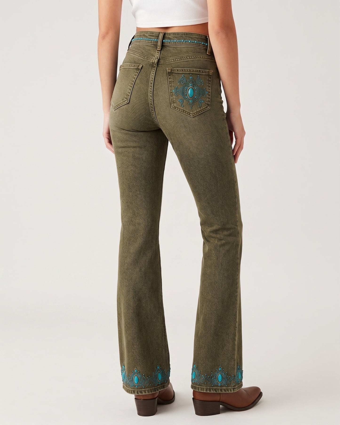 Turquoise Mandala Cascade Bootcut Jeans – Back View – Riley – Medium Blue