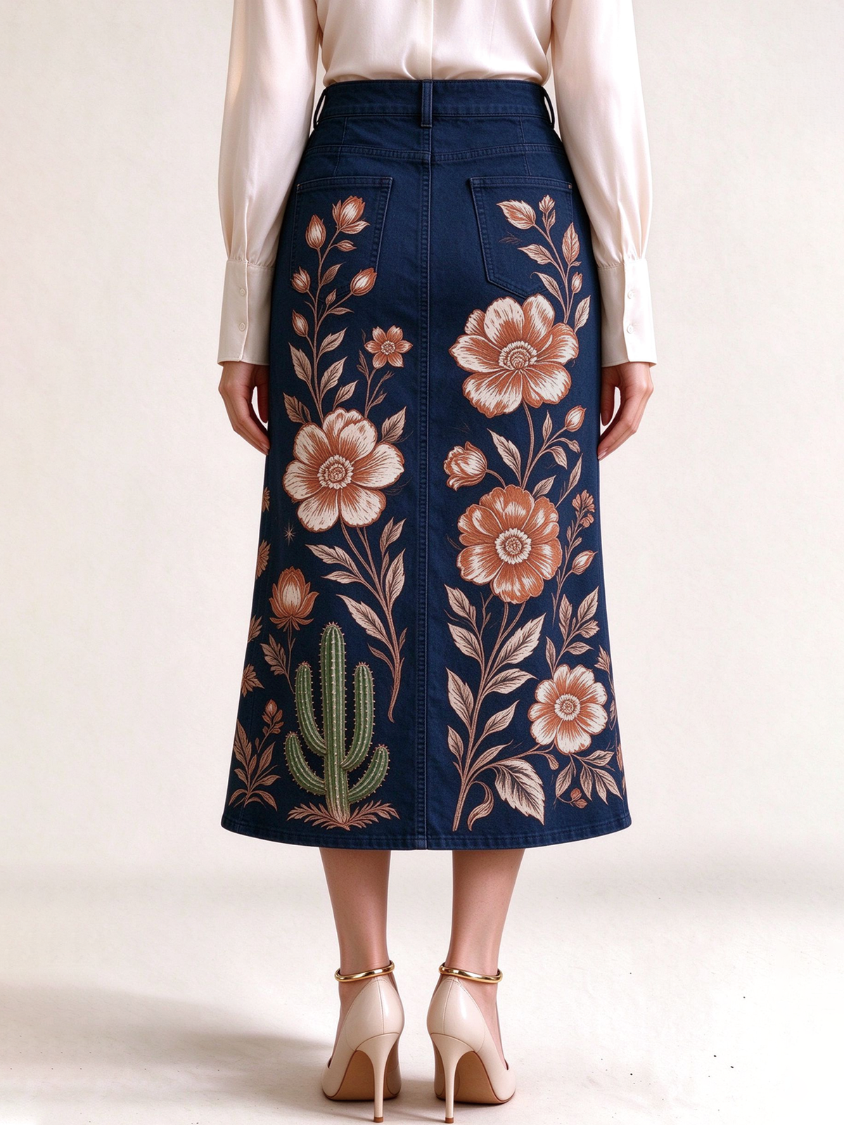 Desert Bloom Navy Blue Western Denim Midi Skirt – Back View – Riley – Navy Blue