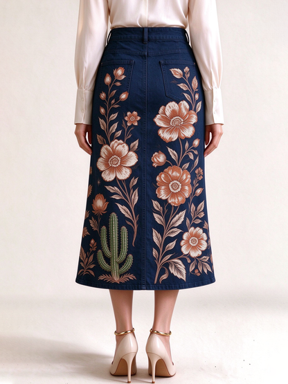 Desert Bloom Navy Blue Western Denim Midi Skirt – Back View – Riley – Navy Blue