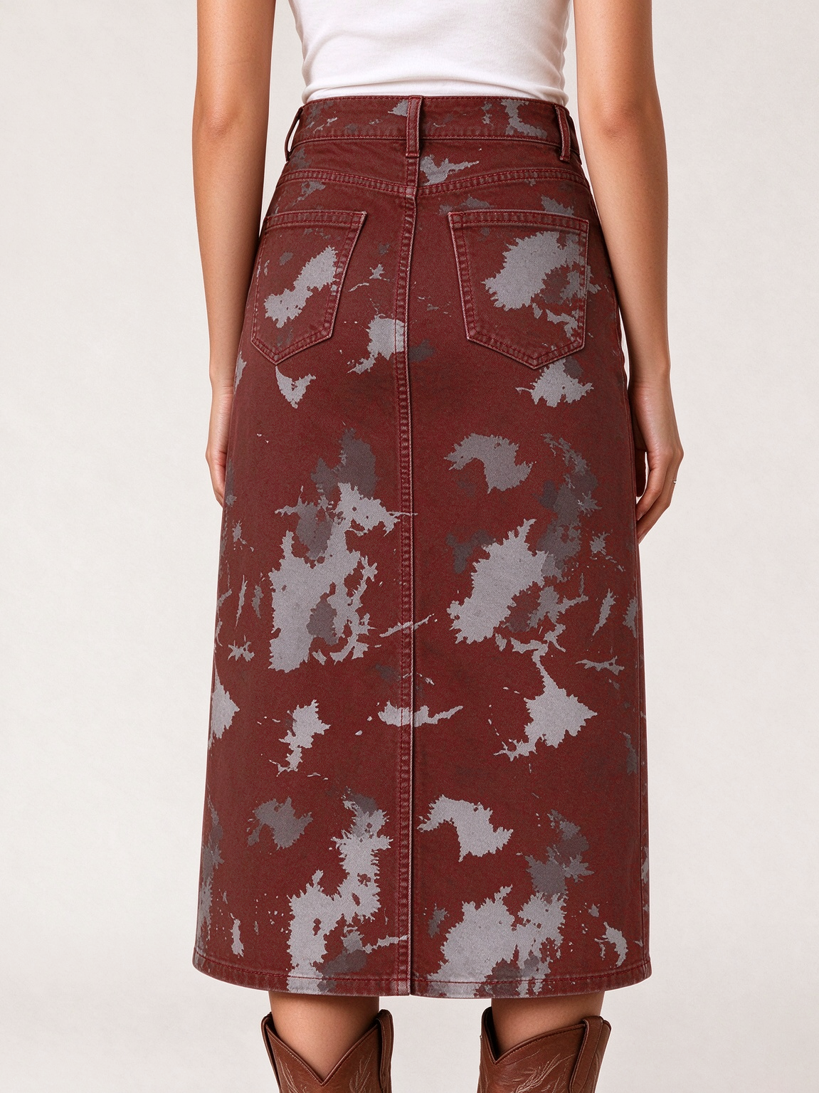 Rustic Mirage Maroon Western Denim Midi Skirt – Back View – Riley – Maroon