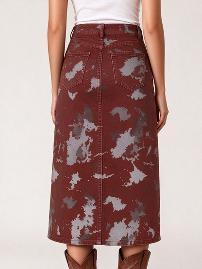 Rustic Mirage Maroon Western Denim Midi Skirt – Back View – Riley – Maroon