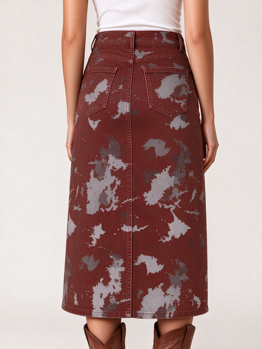 Rustic Mirage Maroon Western Denim Midi Skirt – Back View – Riley – Maroon