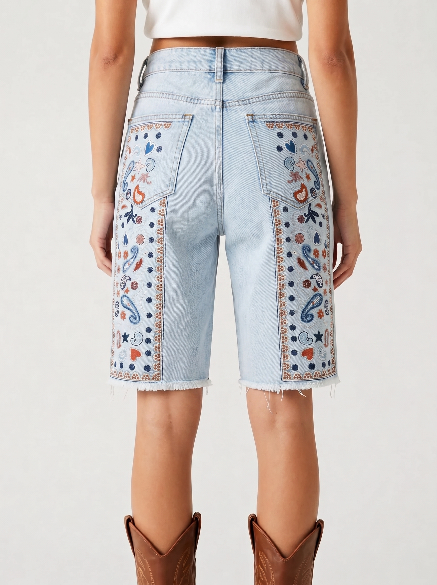 Aqua Baroque Swirl Denim Shorts – Back View – Riley – Light Blue