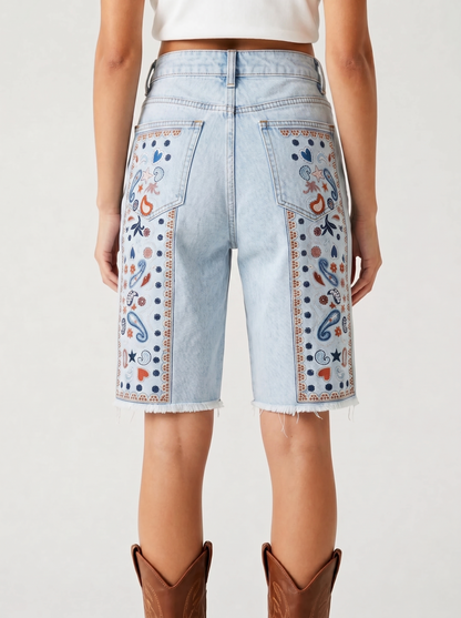 Aqua Baroque Swirl Denim Shorts – Back View – Riley – Light Blue