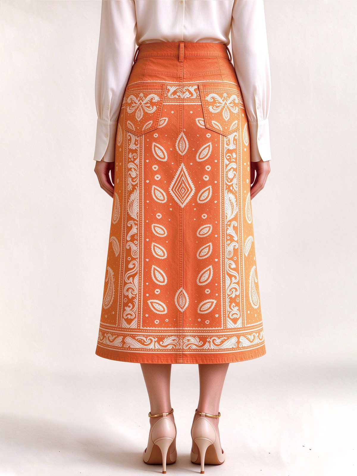 Desert Mirage 978 Western Denim Midi Skirt – Back View – Riley – Terracotta