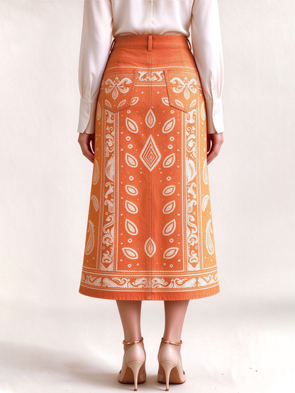 Desert Mirage 978 Western Denim Midi Skirt – Back View – Riley – Terracotta