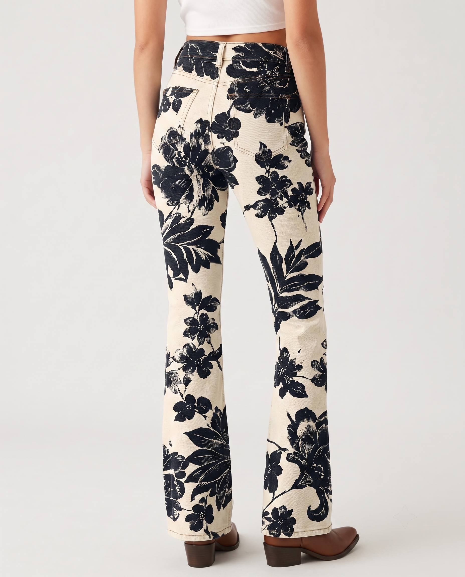 Wild Bloom Cream Bootcut Jeans – Back View – Riley – Cream
