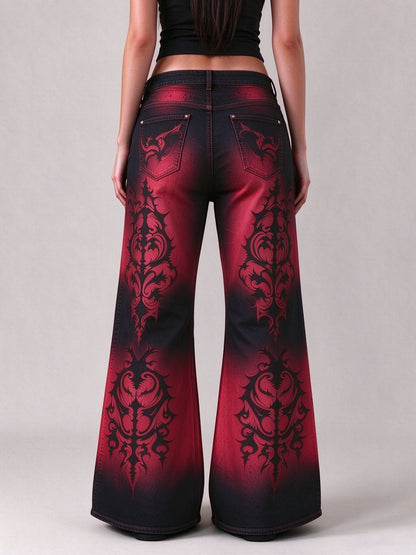 Crimson Desperado Damask Wide-Leg Jeans