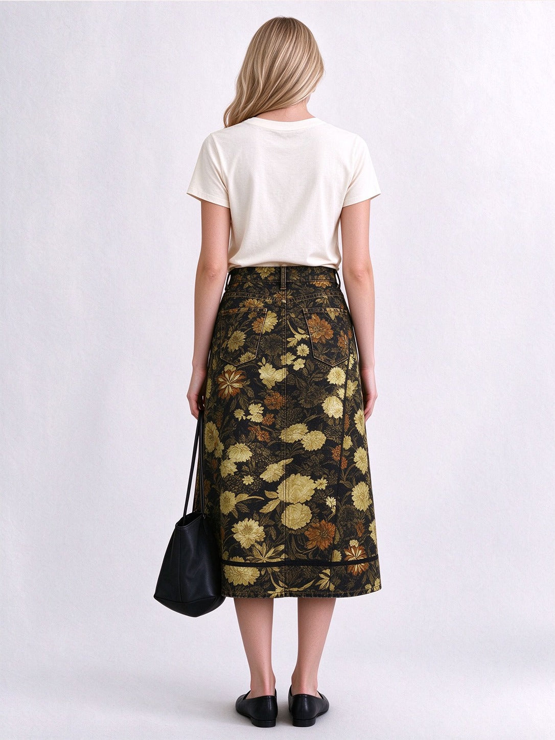 Sunset Bloom Ankle-Length Denim Skirt