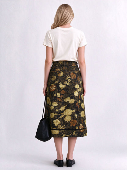 Sunset Bloom Ankle-Length Denim Skirt