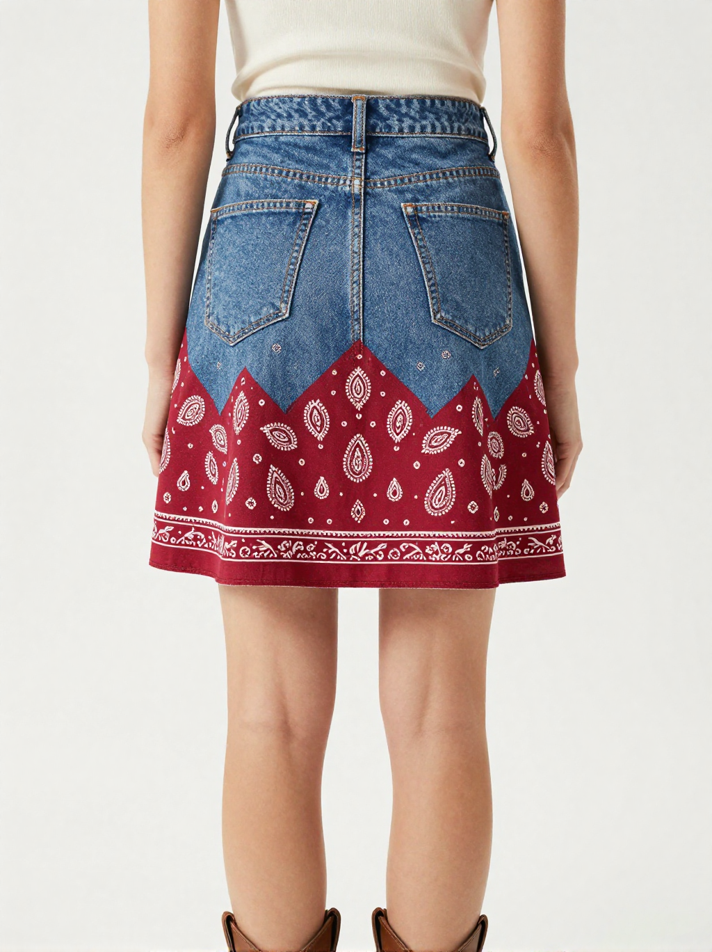 Classic Red Bandana Denim Mini Skirt – Back View – Jessie – Red / White