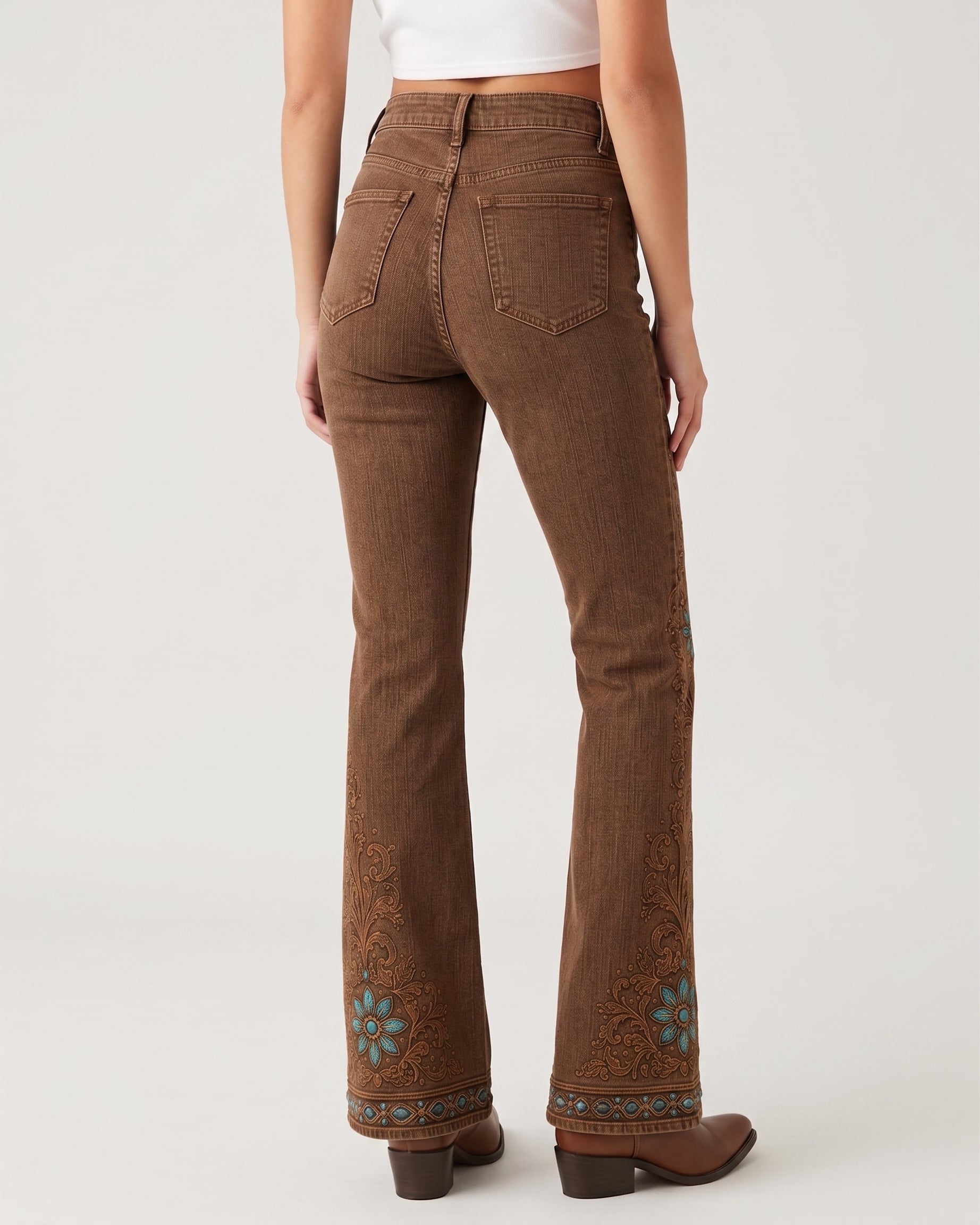 Teal Medallion Border Bootcut Jeans – Back View – Riley – Medium Blue