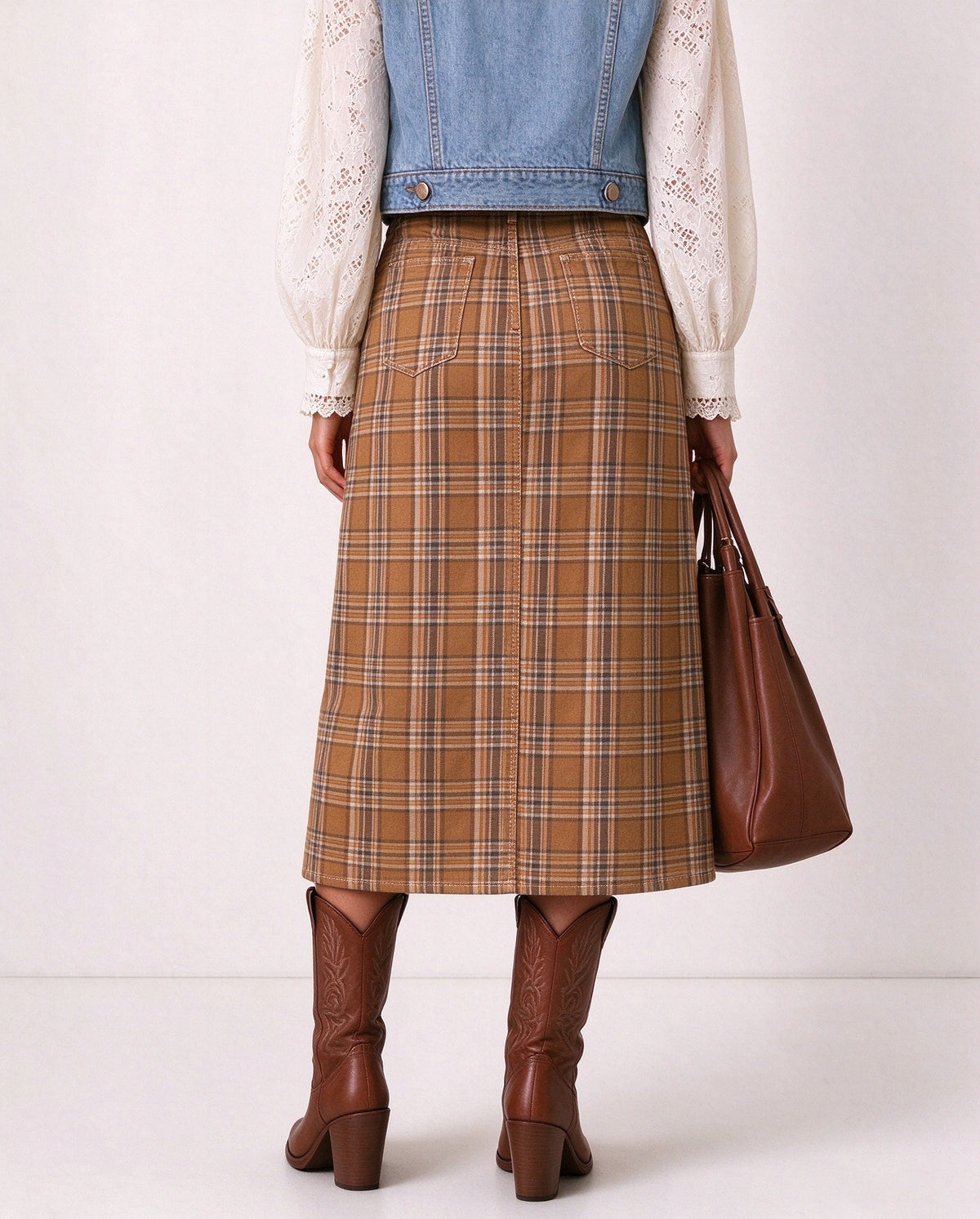 Mustang Ranch Plaid Denim Midi Skirt