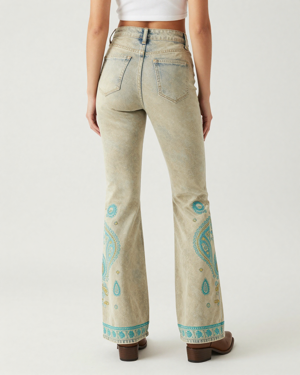 Sage Paisley Bootcut Jeans – Back View – Riley – Sage Beige