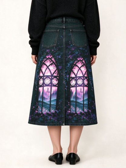 Stained Glass Ankle-Length Denim Skirt