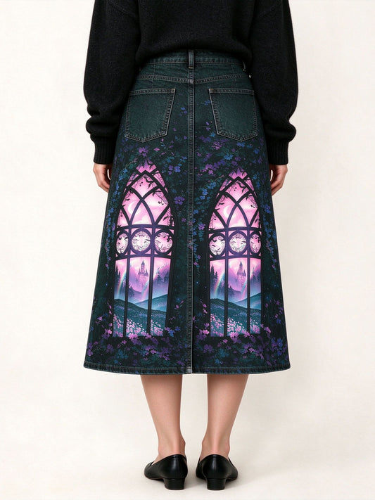 Stained Glass Ankle-Length Denim Skirt